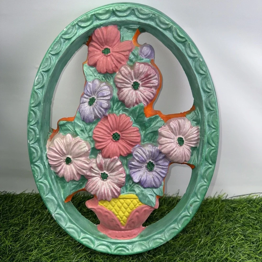 Vintage Floral Wall Plaques Set of 2 Chalkware Syroco Style Pastel Flowers Chips